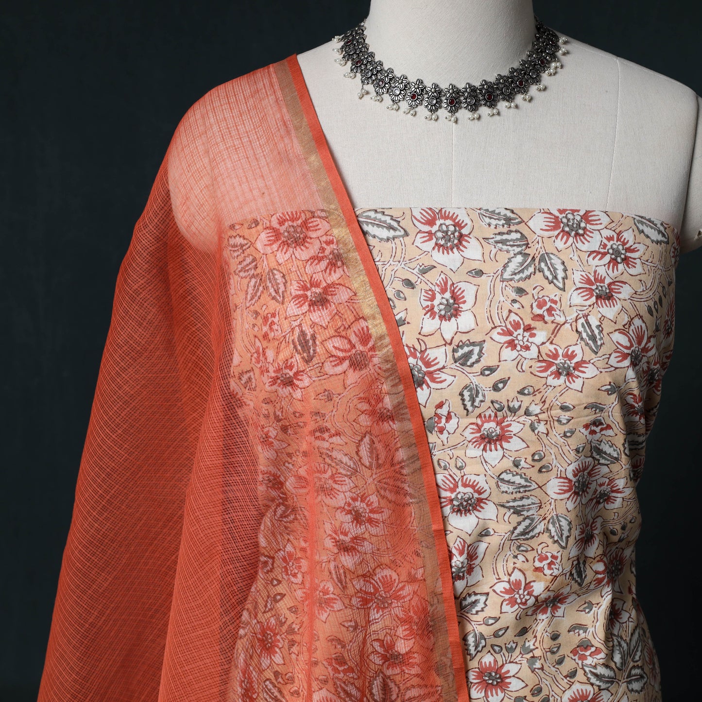 Sanganeri Hand Block Print Cotton 2pc Unstitched Dress Material Kurta Set with Earrings 17