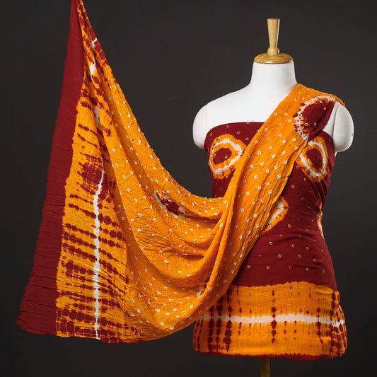 Red - 3pc Kutch Bandhani & Shibori Tie-Dye Cotton Suit Material Set