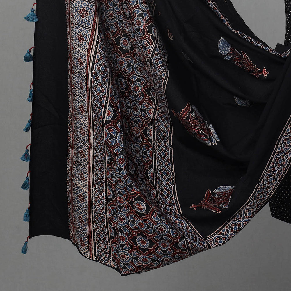 Black - Hand Block Print Cotton 3pc Ajrakh Dress Material 04