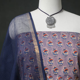 Sanganeri Hand Block Print Cotton 2pc Unstitched Dress Material Kurta Set with Jewellery 16