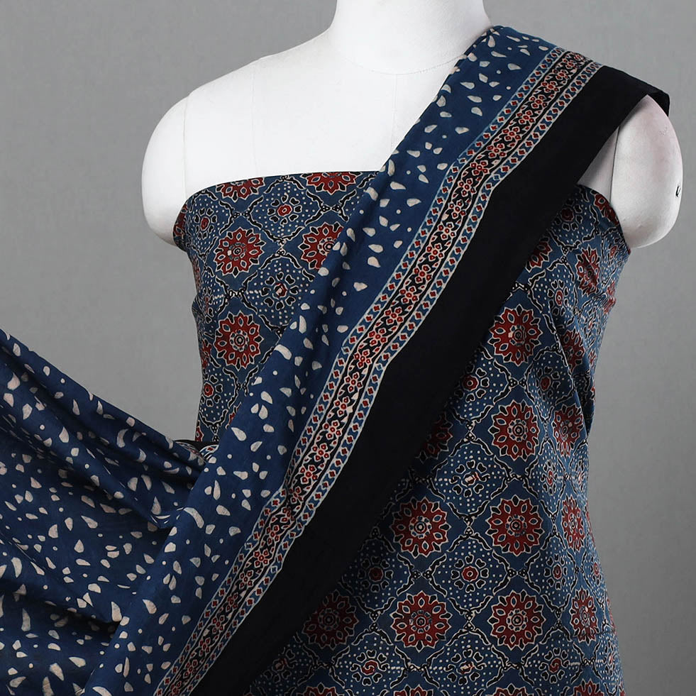 Blue - Hand Block Print Cotton 3pc Ajrakh Dress Material 05