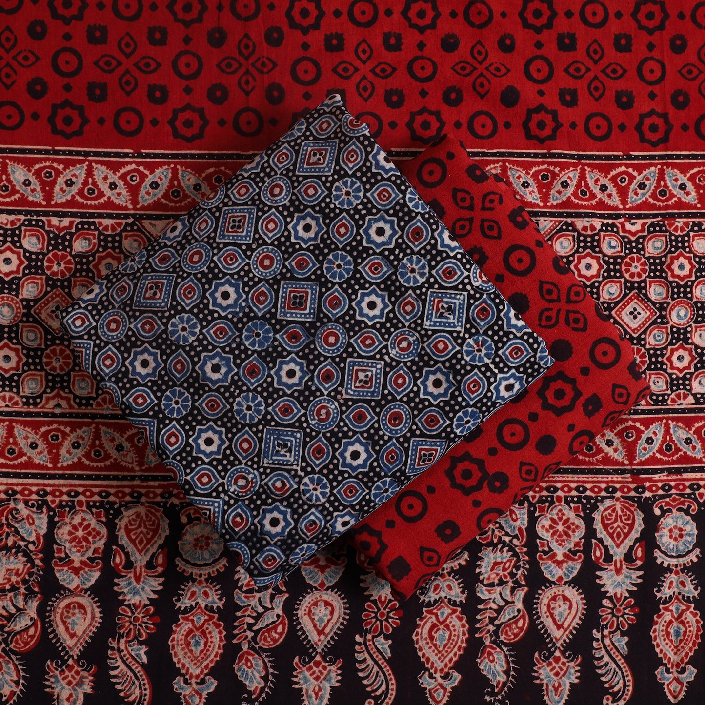 Blue - Hand Block Print Cotton 3pc Ajrakh Dress Material 03