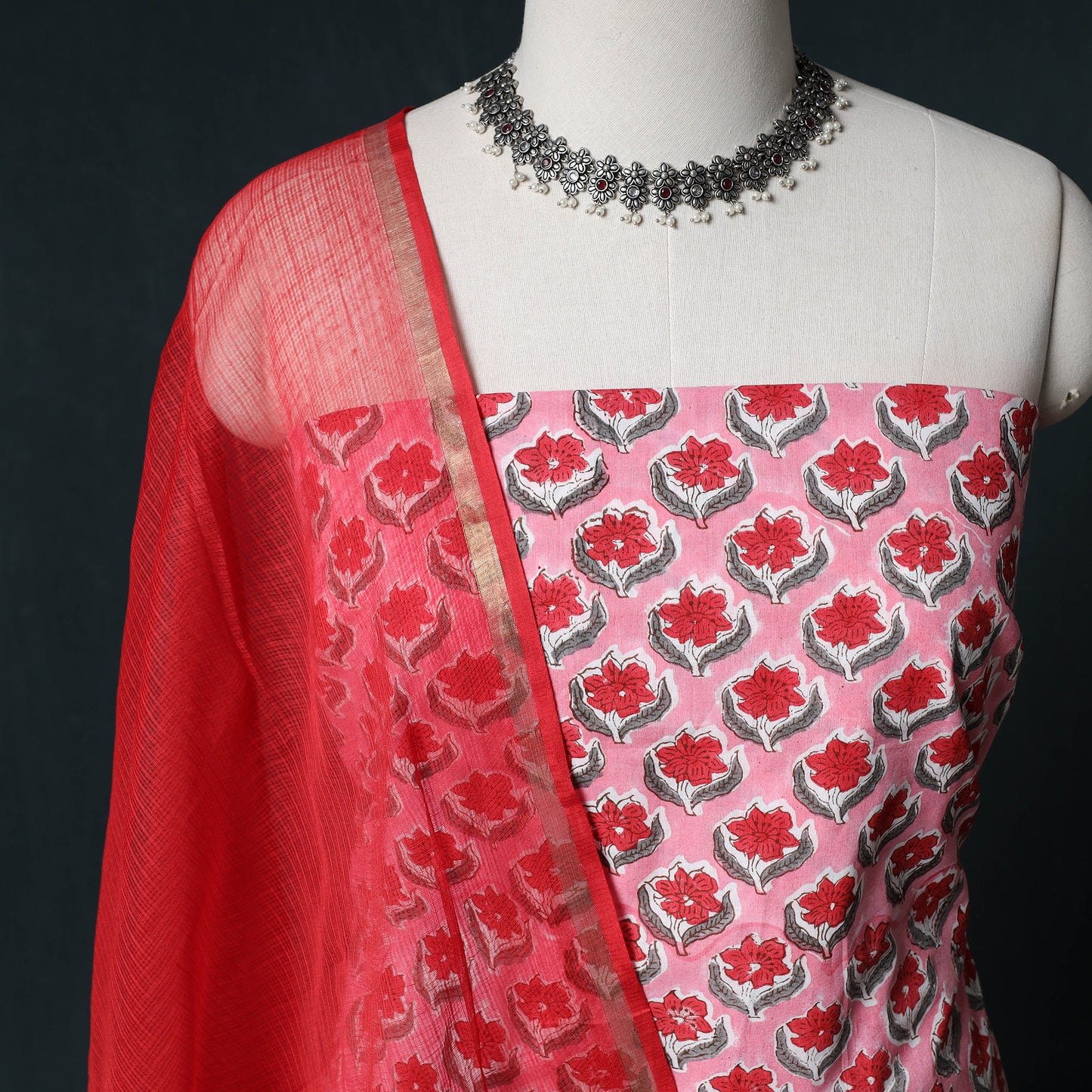 Sanganeri Hand Block Print Cotton 2pc Unstitched Dress Material Kurta Set with Earrings 19