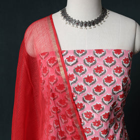 Sanganeri Hand Block Print Cotton 2pc Unstitched Dress Material Kurta Set with Earrings 19