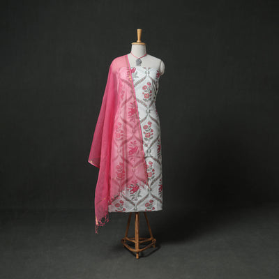 Sanganeri Hand Block Print Cotton 2pc Unstitched Dress Material Kurta Set with Jewellery 17