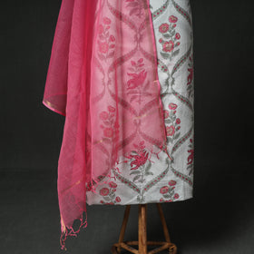 Sanganeri Hand Block Print Cotton 2pc Unstitched Dress Material Kurta Set with Jewellery 17