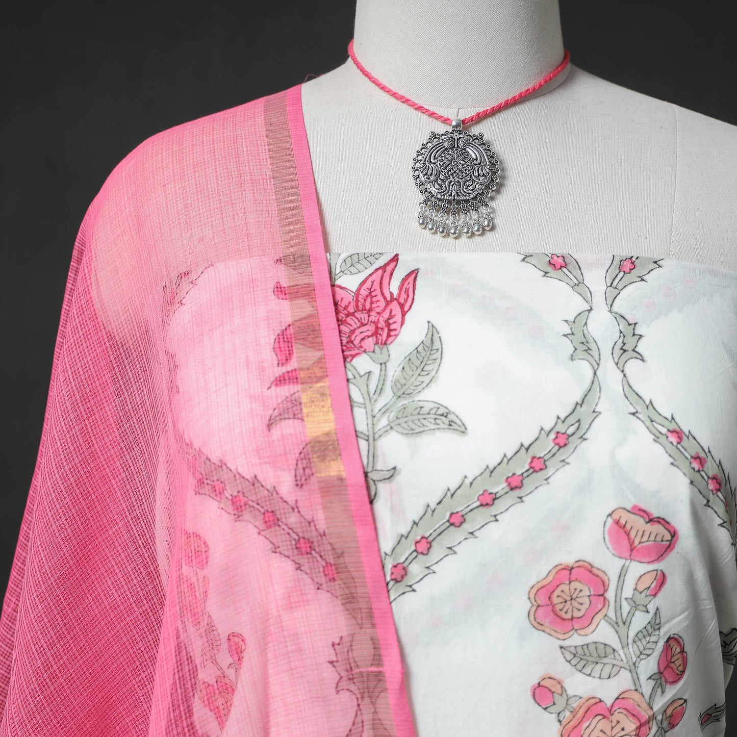 Sanganeri Hand Block Print Cotton 2pc Unstitched Dress Material Kurta Set with Jewellery 17