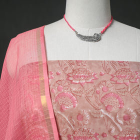 Sanganeri Hand Block Print Cotton 2pc Unstitched Dress Material Kurta Set with Jewellery 18