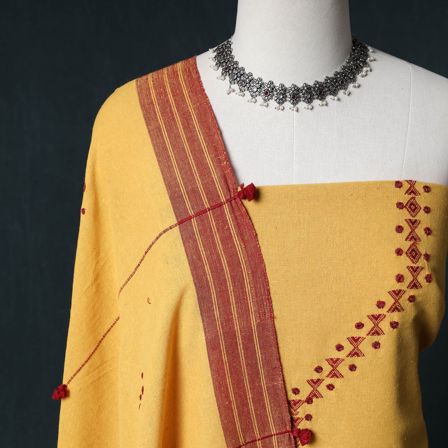 Kutch Bhujodi Handwoven Kala Cotton 3pc Unstitched Dress Material Suit Set 01