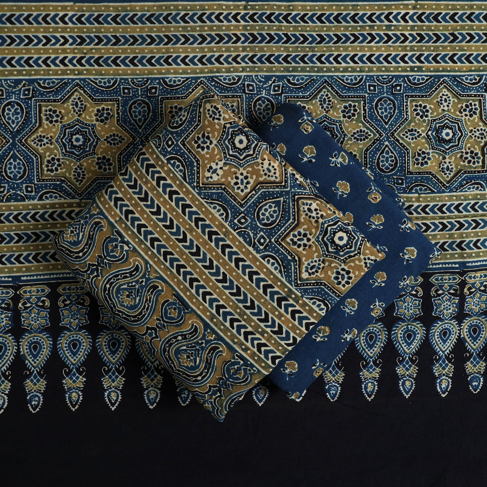 Blue - Hand Block Print Cotton 3pc Ajrakh Dress Material 09