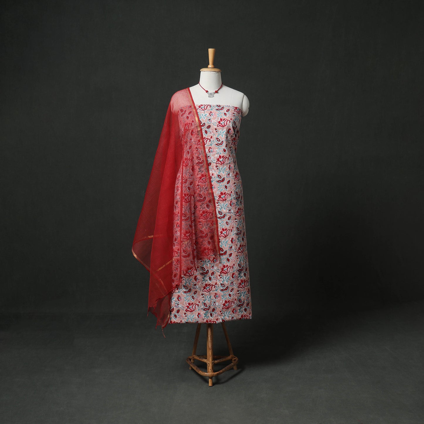 Sanganeri Hand Block Print Cotton 2pc Unstitched Dress Material Kurta Set with Jewellery 19