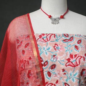 Sanganeri Hand Block Print Cotton 2pc Unstitched Dress Material Kurta Set with Jewellery 19