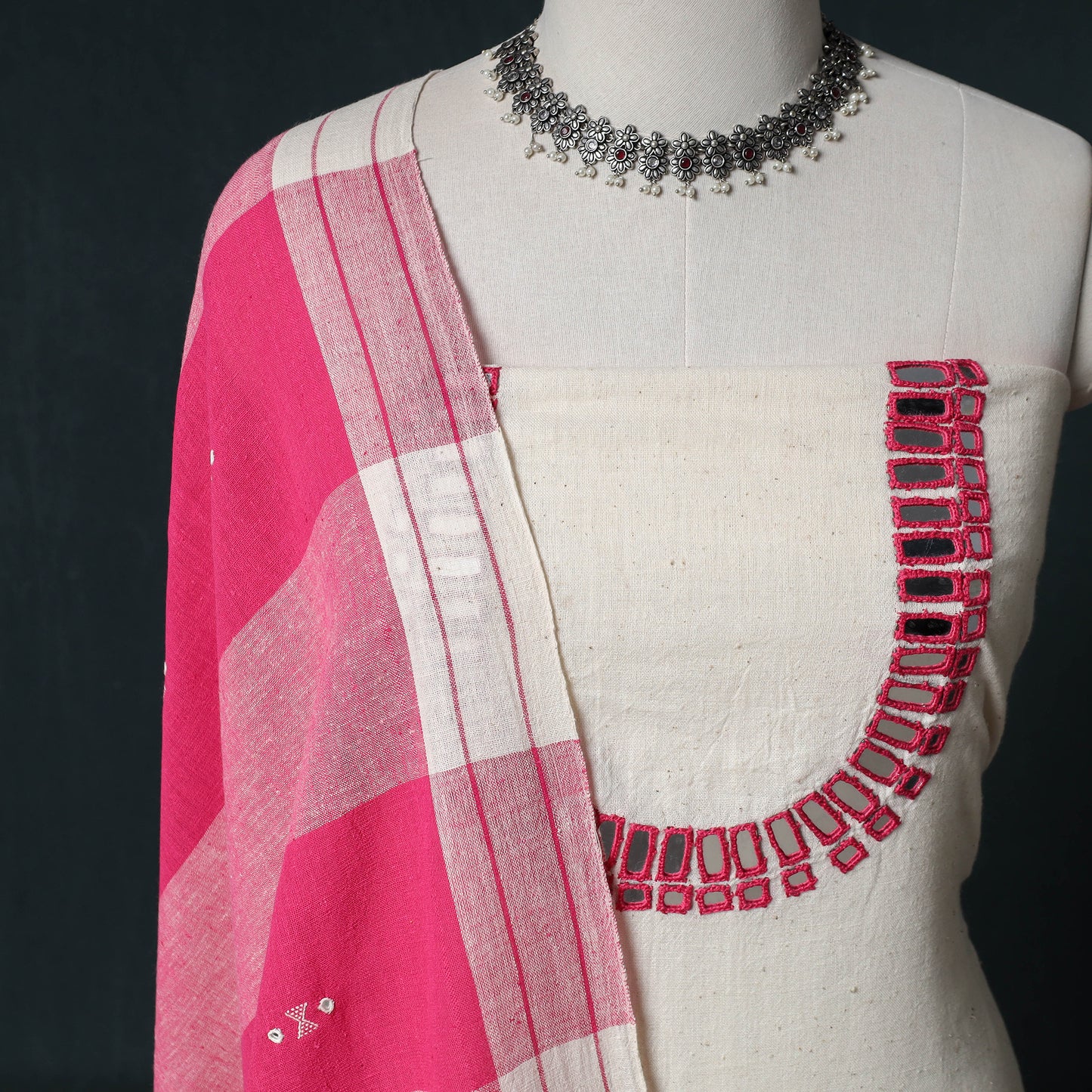 Kutch Bhujodi Handwoven Kala Cotton 3pc Unstitched Dress Material Suit Set 02