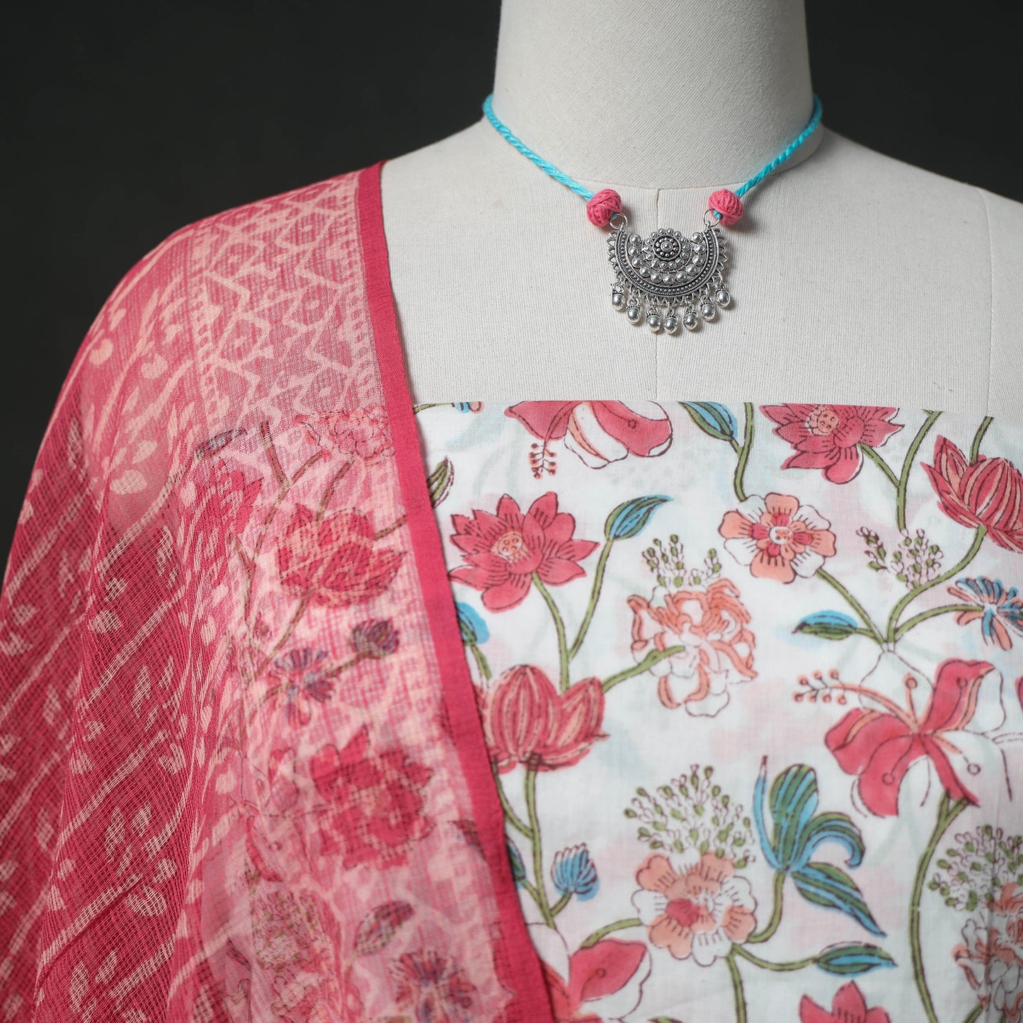 Sanganeri Hand Block Print Cotton 2pc Unstitched Dress Material Kurta Set with Jewellery 20