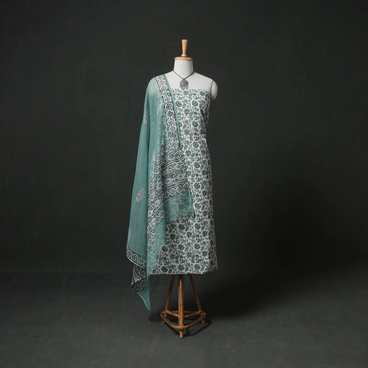 Sanganeri Hand Block Print Cotton 2pc Unstitched Dress Material Kurta Set with Jewellery 21