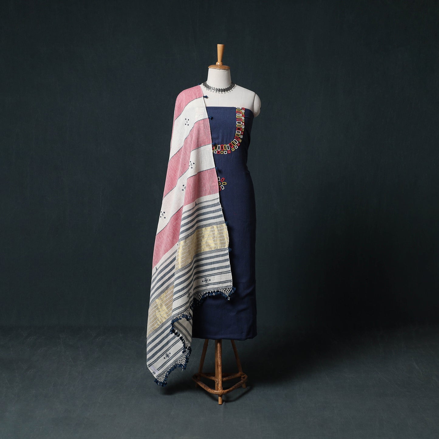 Kutch Bhujodi Handwoven Kala Cotton 3pc Unstitched Dress Material Suit Set 03