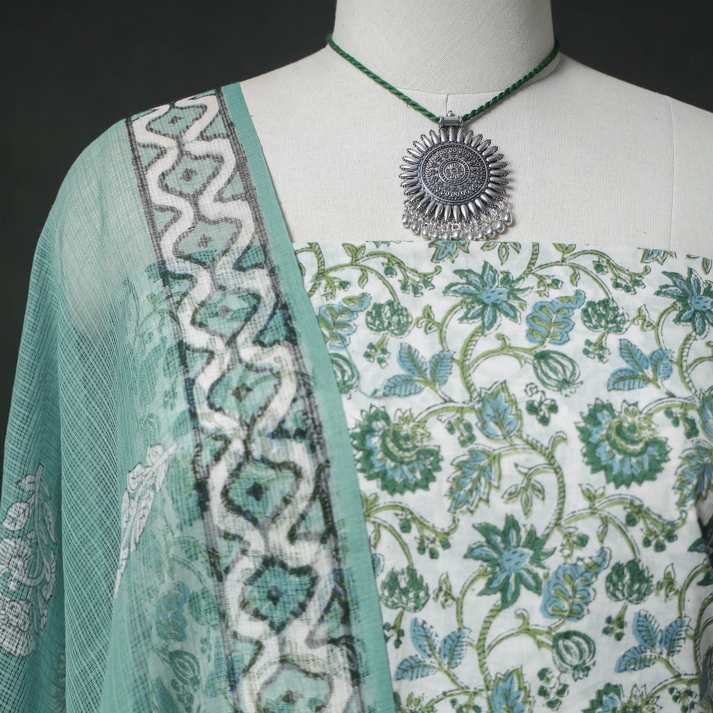 Sanganeri Hand Block Print Cotton 2pc Unstitched Dress Material Kurta Set with Jewellery 21