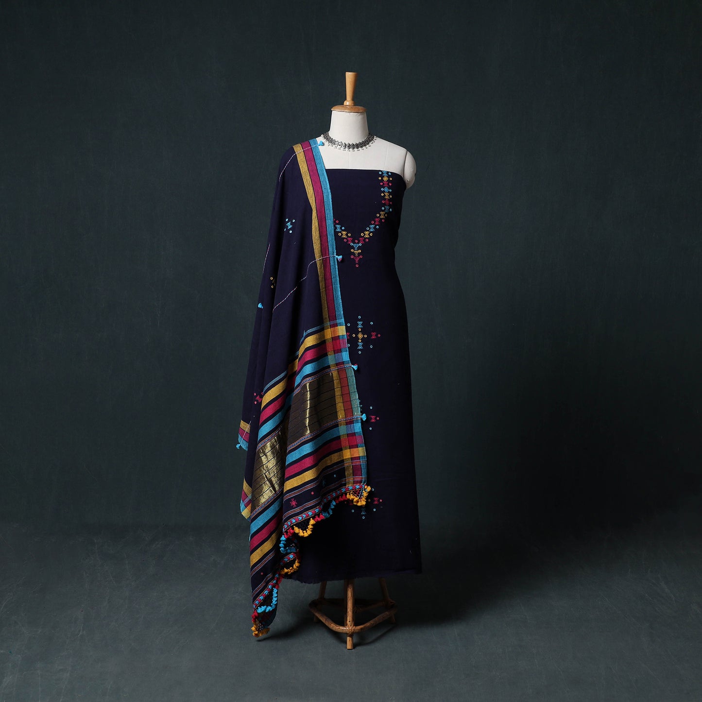 Kutch Bhujodi Handwoven Kala Cotton 3pc Unstitched Dress Material Suit Set 04