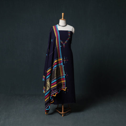 Kutch Bhujodi Handwoven Kala Cotton 3pc Unstitched Dress Material Suit Set 04