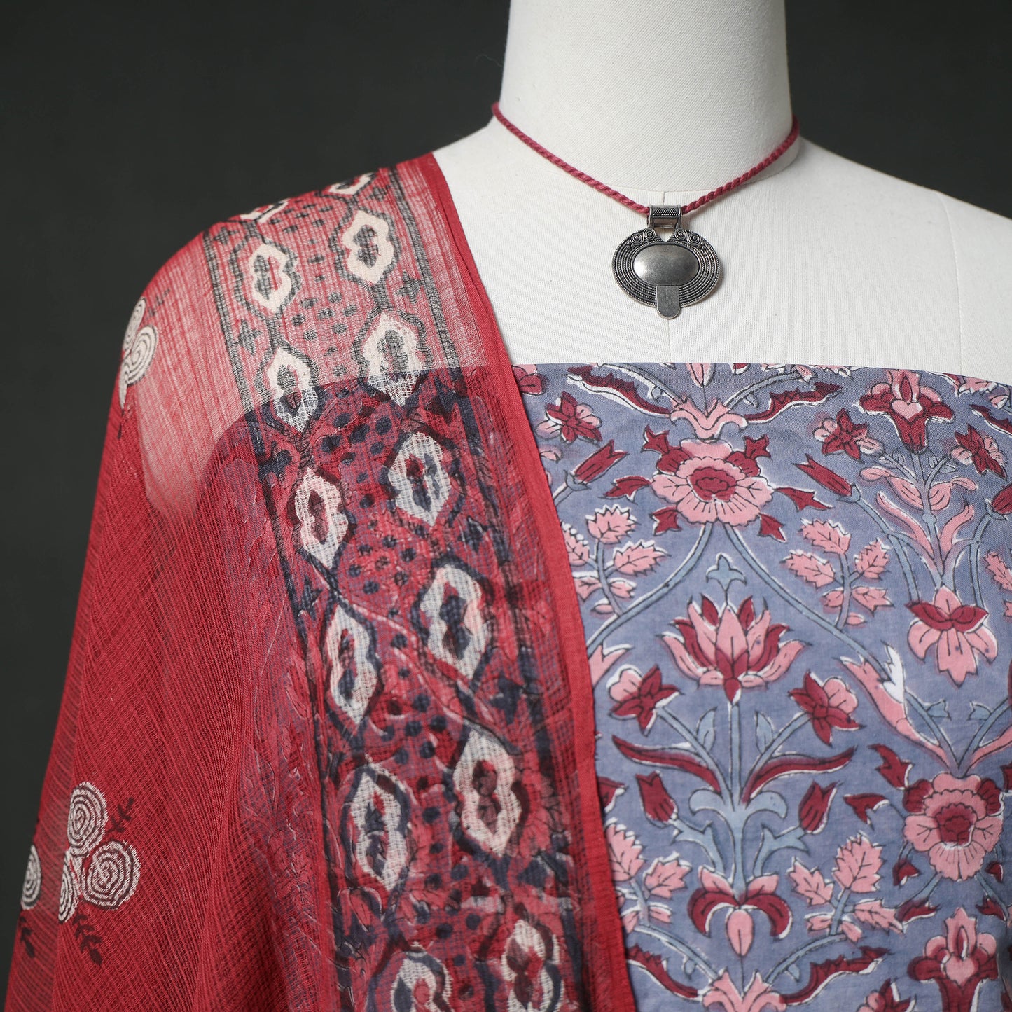 Sanganeri Hand Block Print Cotton 2pc Unstitched Dress Material Kurta Set with Jewellery 22