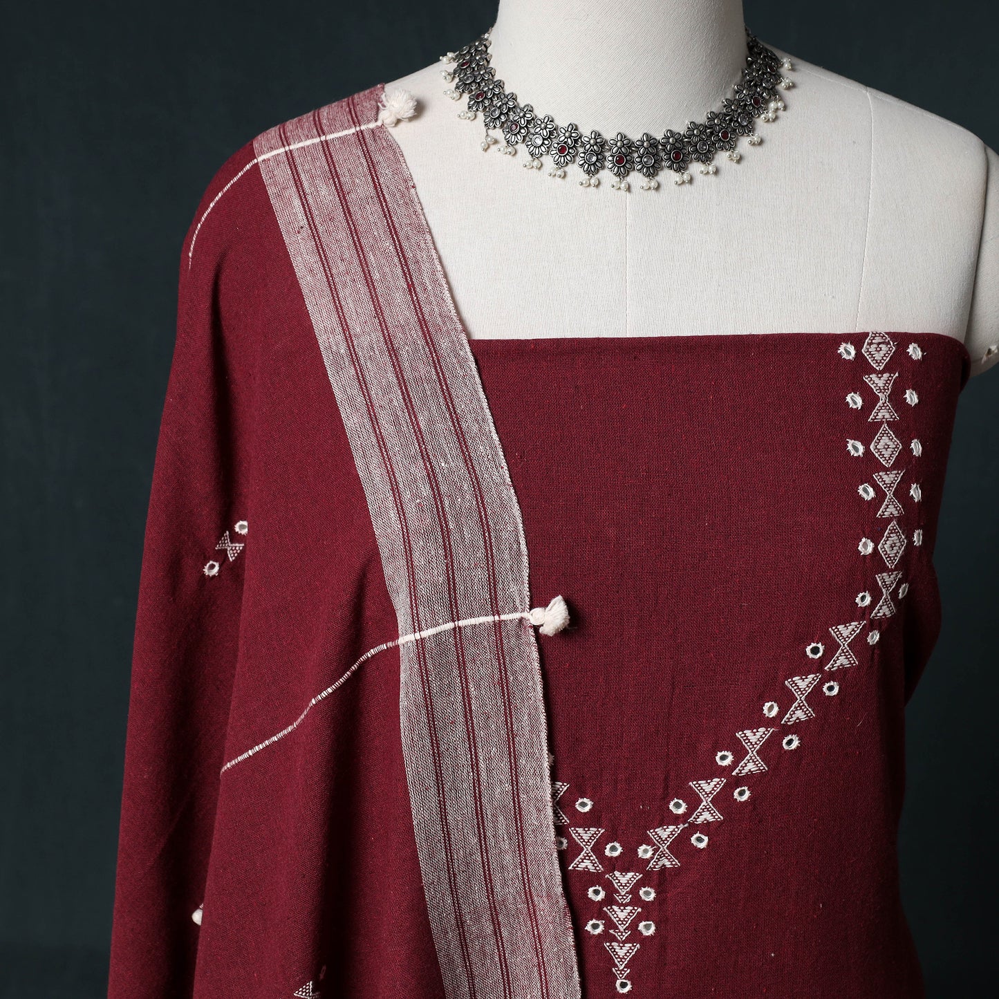 Kutch Bhujodi Handwoven Kala Cotton 3pc Unstitched Dress Material Suit Set 05