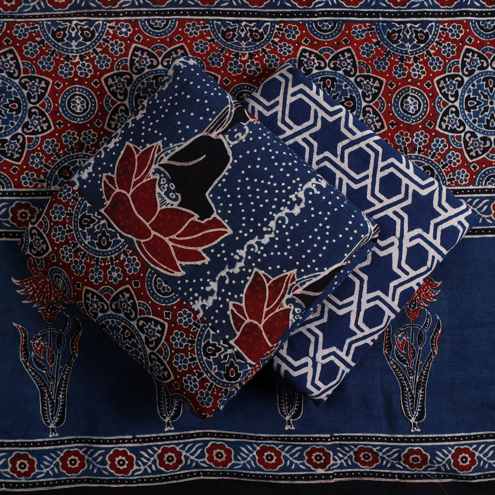 Blue - Hand Block Print Cotton 3pc Ajrakh Dress Material 11