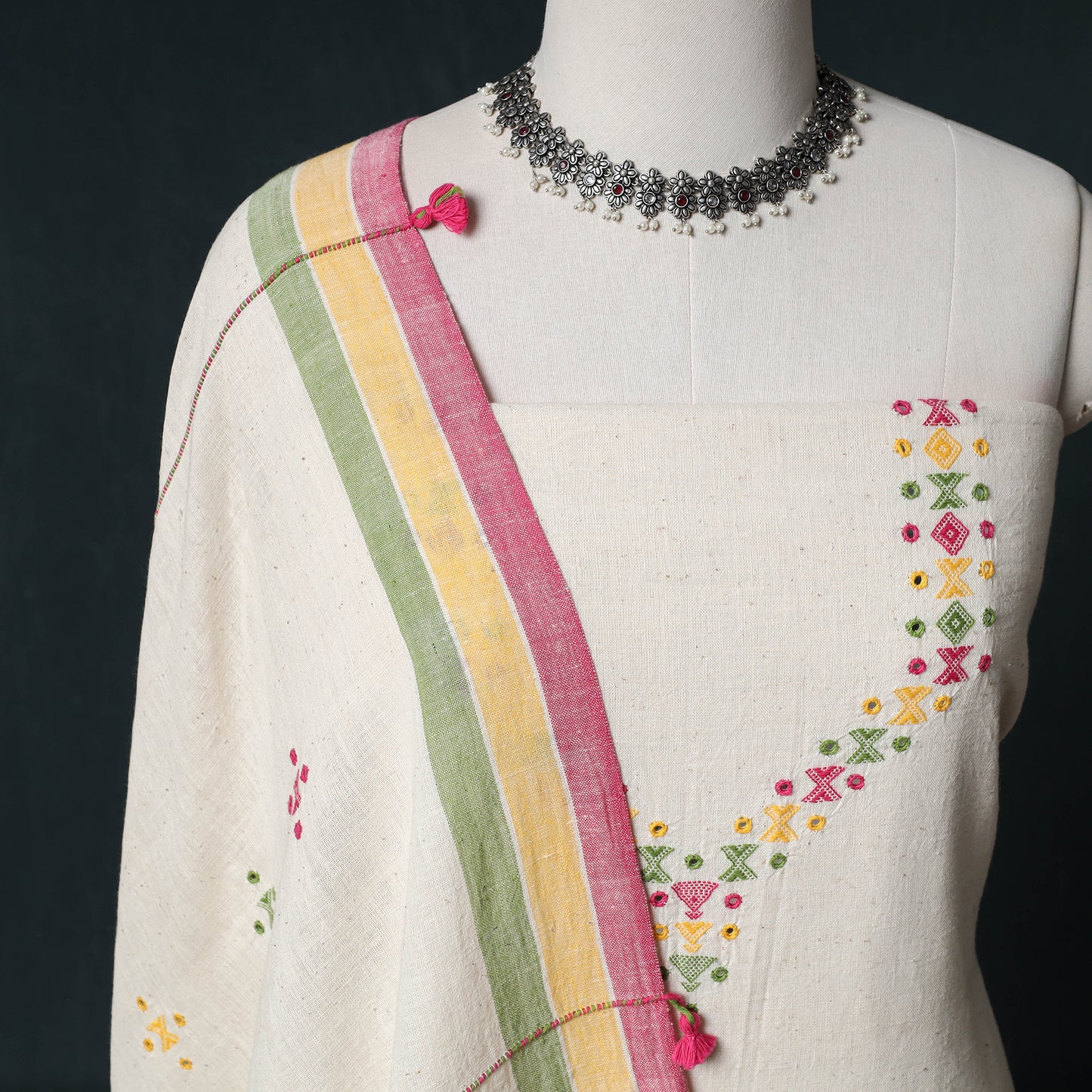 Kutch Bhujodi Handwoven Kala Cotton 3pc Unstitched Dress Material Suit Set 06