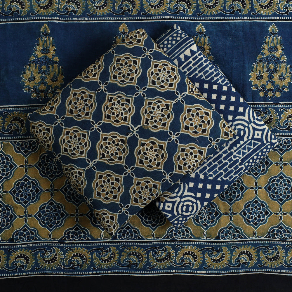 Blue - Hand Block Print Cotton 3pc Ajrakh Dress Material 14