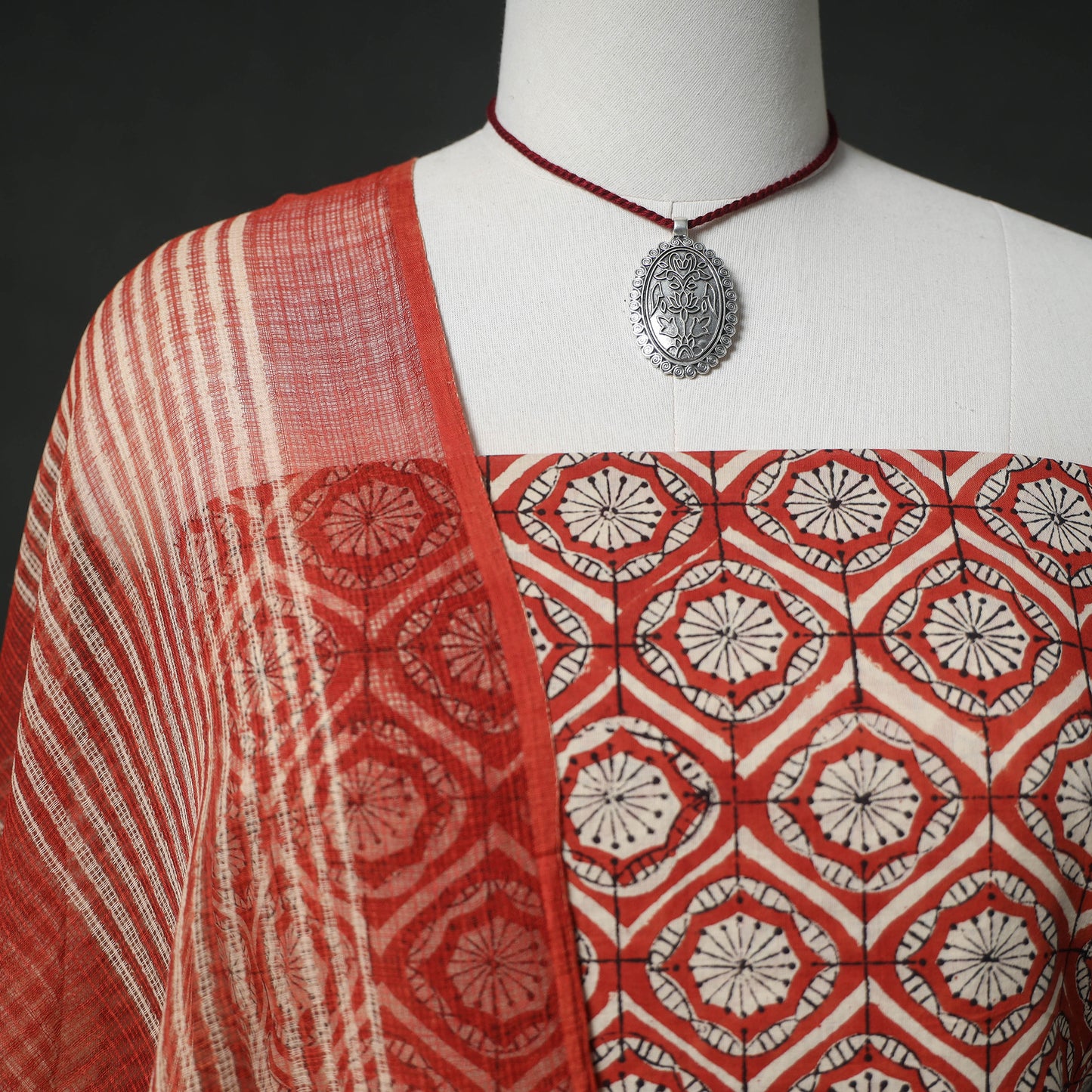 Bagru Hand Block Print Cotton 2pc Unstitched Dress Material Kurta Set with Jewellery 24