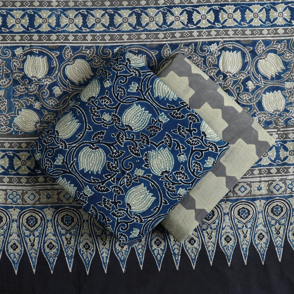 Blue - Hand Block Print Cotton 3pc Ajrakh Dress Material 16