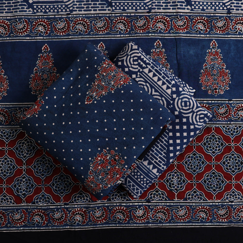 Blue - Hand Block Print Cotton 3pc Ajrakh Dress Material 22