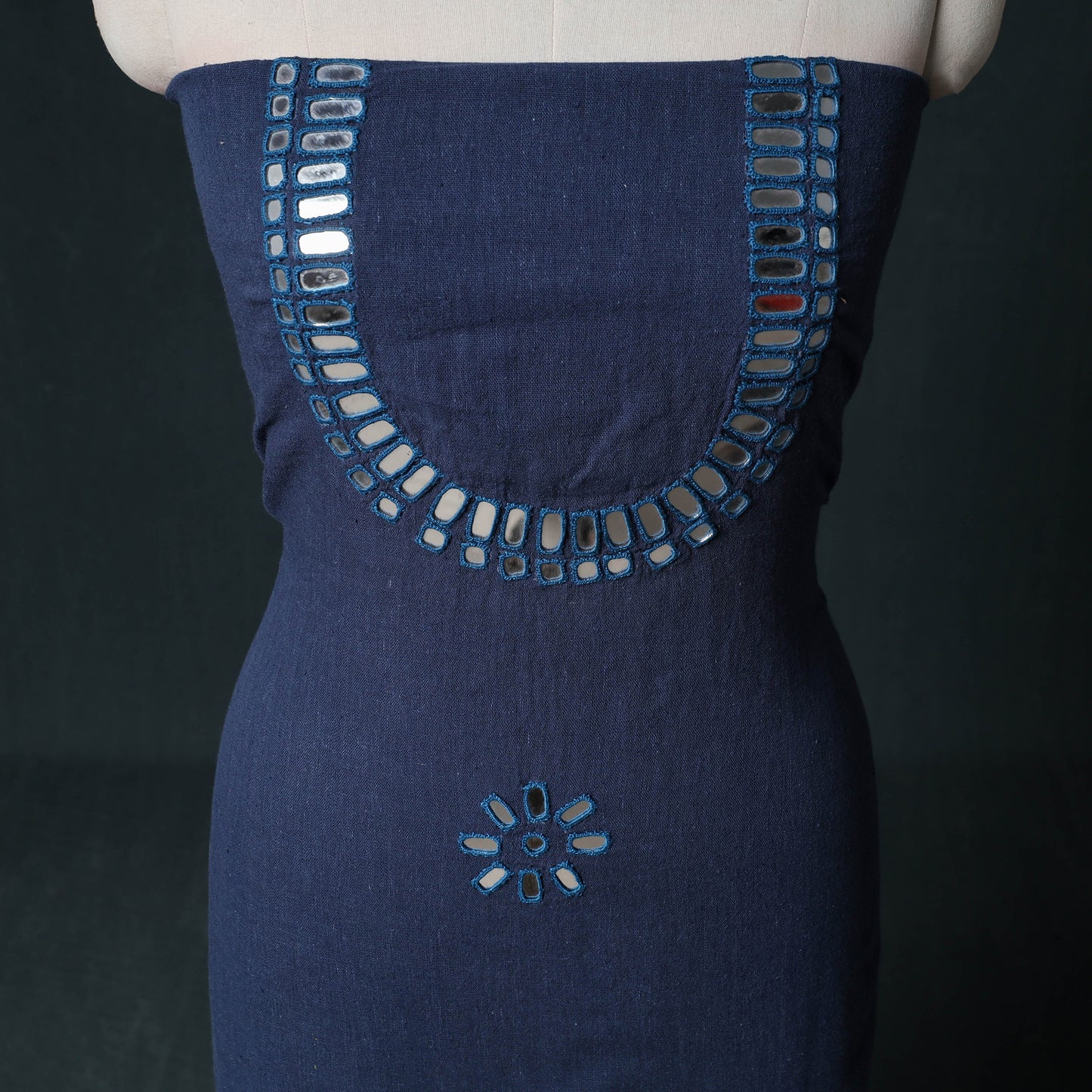 Kutch Mirror Work Handwoven Kala Cotton Unstitched Kurta Material (2.5M) 08