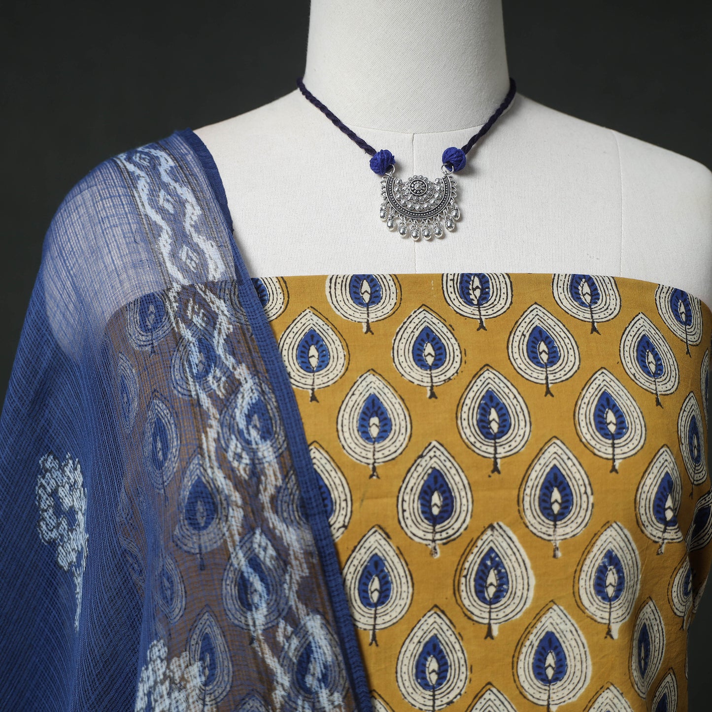 Sanganeri Hand Block Print Cotton 2pc Unstitched Dress Material Kurta Set with Jewellery 26