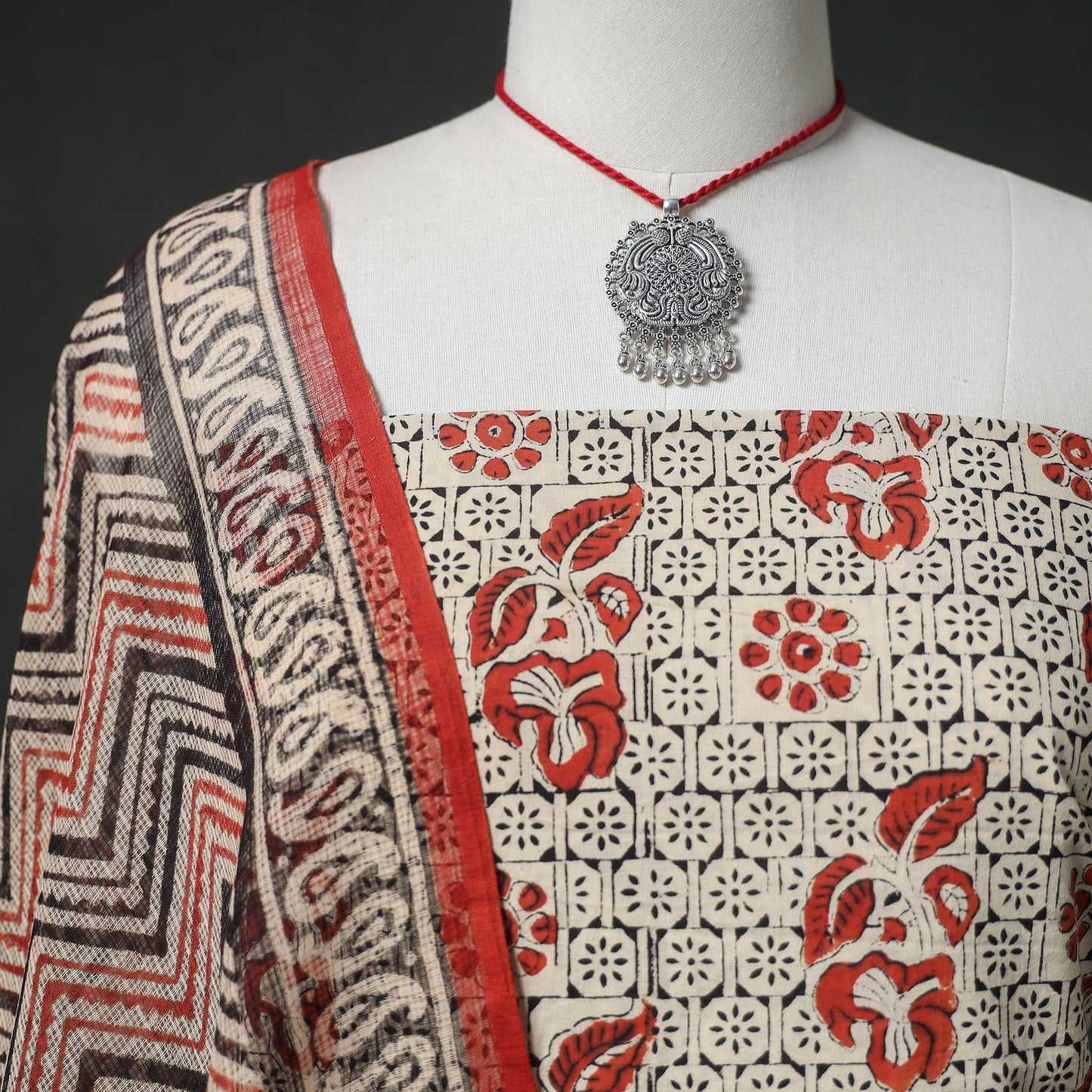 Bagru Hand Block Print Cotton 2pc Unstitched Dress Material Kurta Set with Jewellery 27