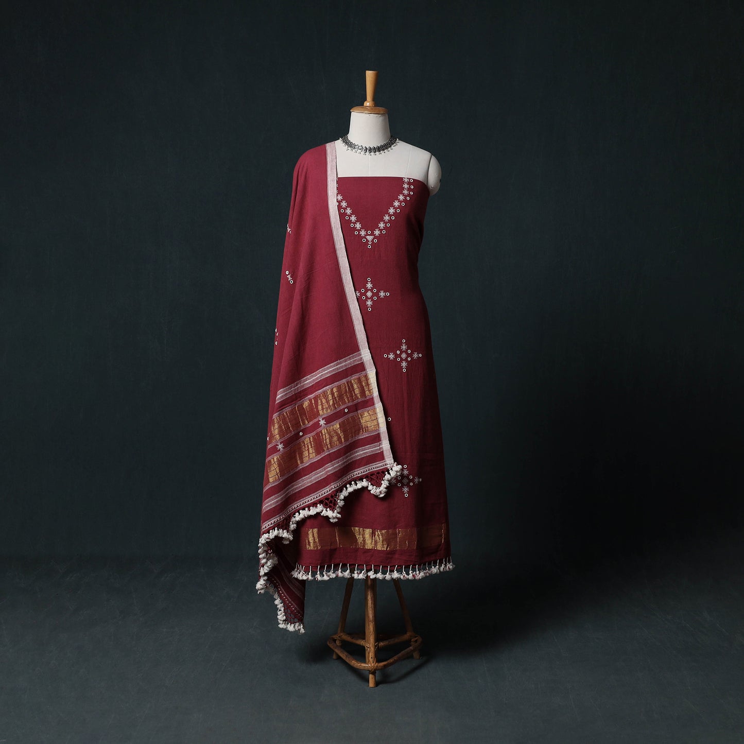 Kutch Handwoven Mirror Work Kala Cotton 3pc Unstitched Dress Material Suit Set 01
