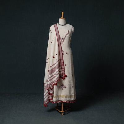 Kutch Handwoven Mirror Work Kala Cotton 3pc Unstitched Dress Material Suit Set 02