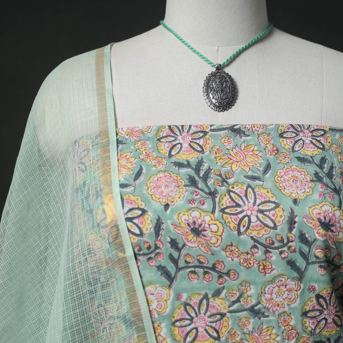 Sanganeri Hand Block Print Cotton 2pc Unstitched Dress Material Kurta Set with Jewellery 29