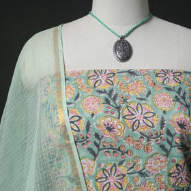 Sanganeri Hand Block Print Cotton 2pc Unstitched Dress Material Kurta Set with Jewellery 29