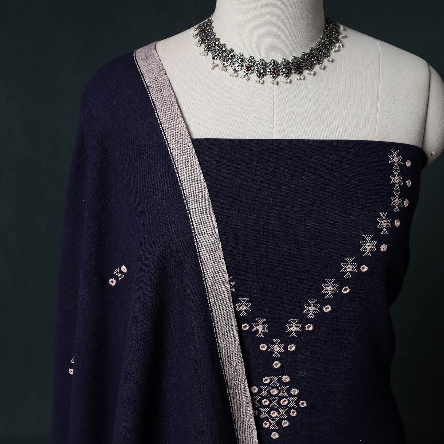 Kutch Handwoven Mirror Work Kala Cotton 3pc Unstitched Dress Material Suit Set 03
