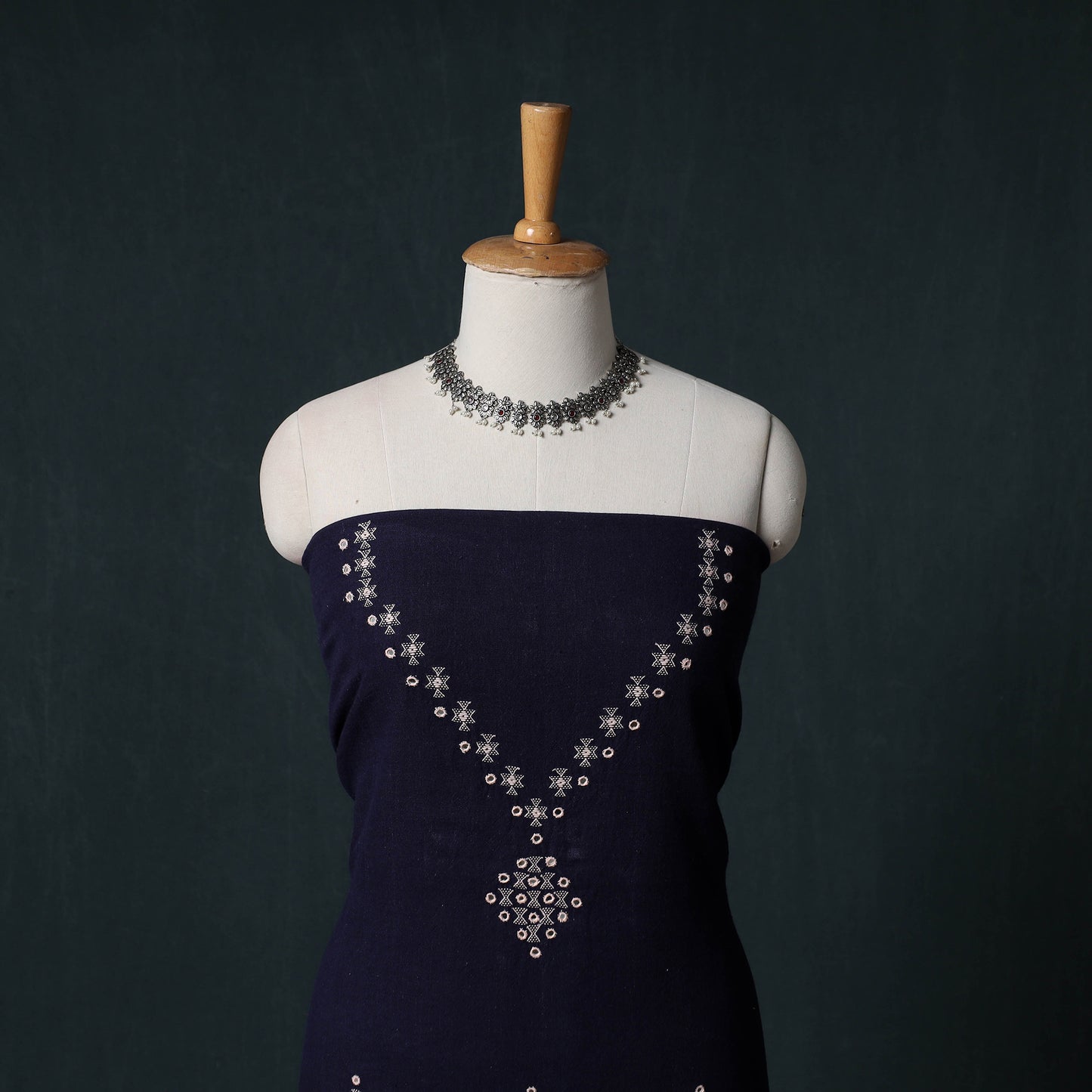 Kutch Handwoven Mirror Work Kala Cotton 3pc Unstitched Dress Material Suit Set 03