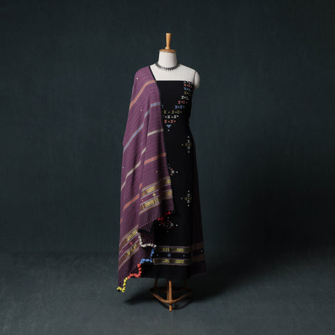 Kutch Handwoven Mirror Work Kala Cotton 3pc Unstitched Dress Material Suit Set 04