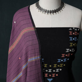 Kutch Handwoven Mirror Work Kala Cotton 3pc Unstitched Dress Material Suit Set 04