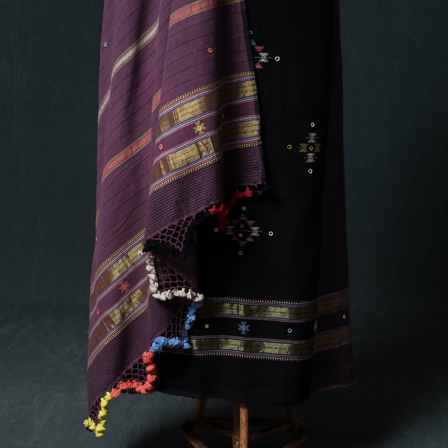Kutch Handwoven Mirror Work Kala Cotton 3pc Unstitched Dress Material Suit Set 04