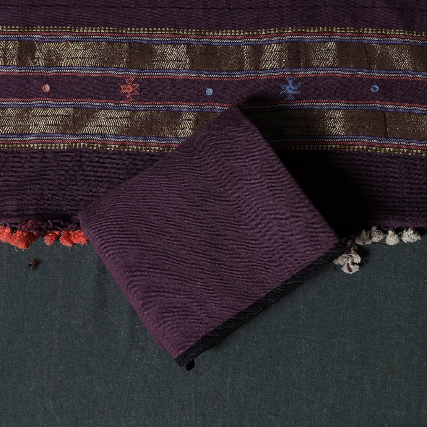 Kutch Handwoven Mirror Work Kala Cotton 3pc Unstitched Dress Material Suit Set 04