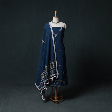 Kutch Handwoven Mirror Work Kala Cotton 3pc Unstitched Dress Material Suit Set 05
