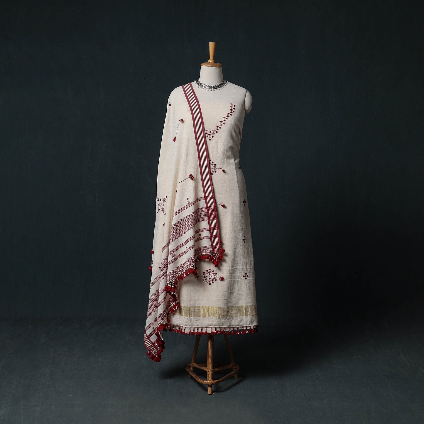 Kutch Handwoven Mirror Work Kala Cotton 3pc Unstitched Dress Material Suit Set 06