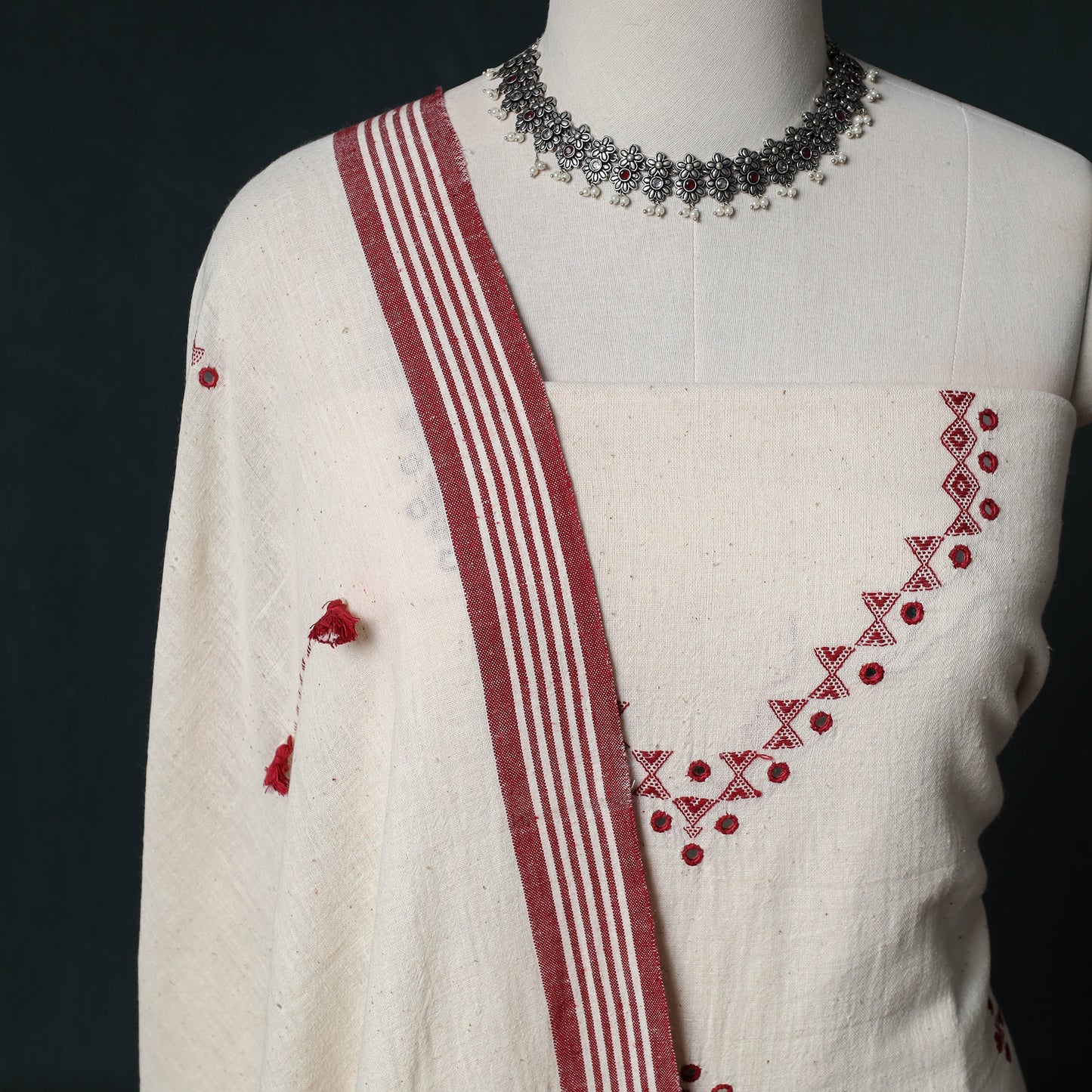 Kutch Handwoven Mirror Work Kala Cotton 3pc Unstitched Dress Material Suit Set 06