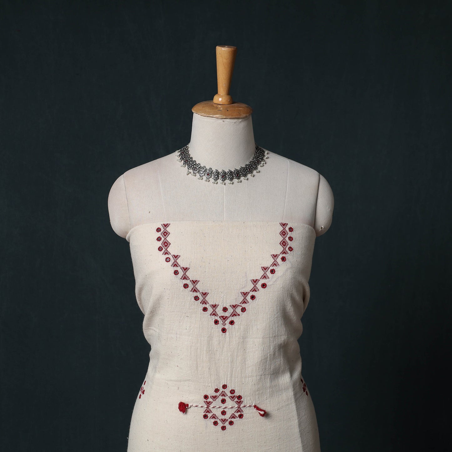 Kutch Handwoven Mirror Work Kala Cotton 3pc Unstitched Dress Material Suit Set 06