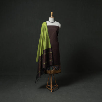 Brown - Pochampally Ikat Silk Cotton 3pc Unstitched Dress Material Suit Set 26