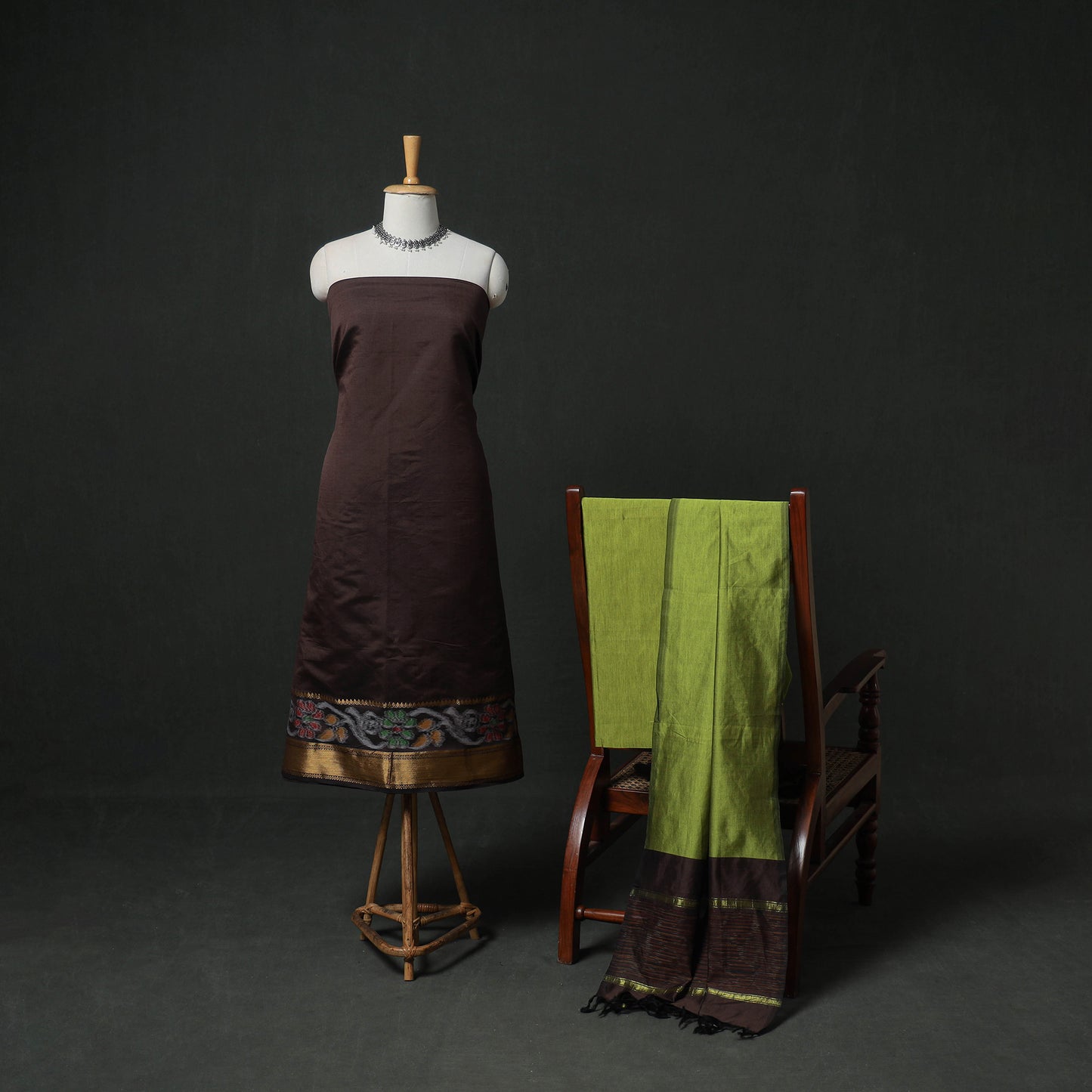 Brown - Pochampally Ikat Silk Cotton 3pc Unstitched Dress Material Suit Set 26